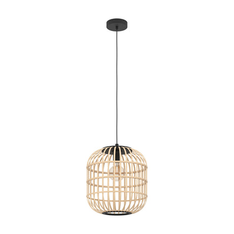 Prolbane Wooden Pendant Light 35cm in Black, a rounded cage shade of natural wood slats with black top cap, base ring, and ceiling rose on a black cord, shown on a plain white background.