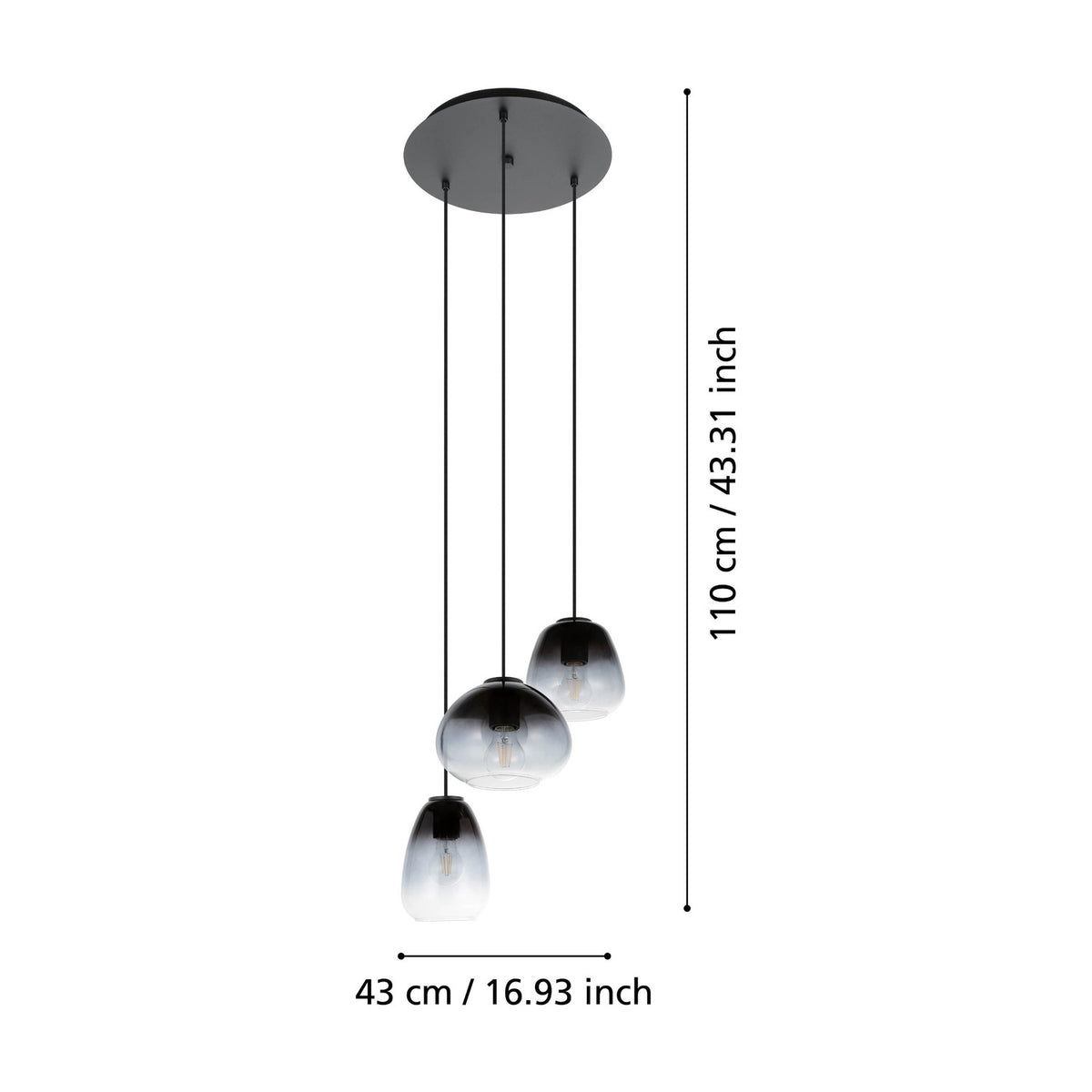 Prolbette Smoked Glass 3 Light Pendant - Black