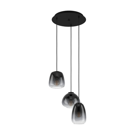 Prolbette 3-light black cluster pendant with round steel canopy and smoked glass shades in staggered bell, dome, and tapered shapes fading from black to clear.