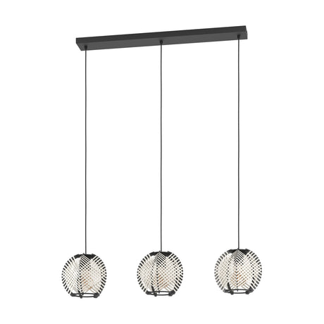 Prosena 3-light linear pendant with black steel ceiling bar and black cords, round white and black criss-cross woven fabric and wood shades, shown on a plain white background.