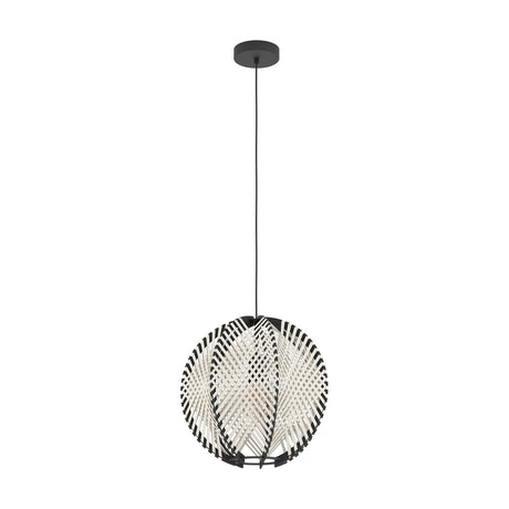 Prosena Wooden Pendant Light, 40cm round woven shade in black, wood and white tones, suspended from a black ceiling canopy on a slim cord against a plain white background.