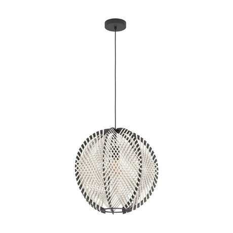 Prosena 48cm wooden pendant light with a round open shade woven from black and white strips, hung on a black cord from a round black ceiling canopy.