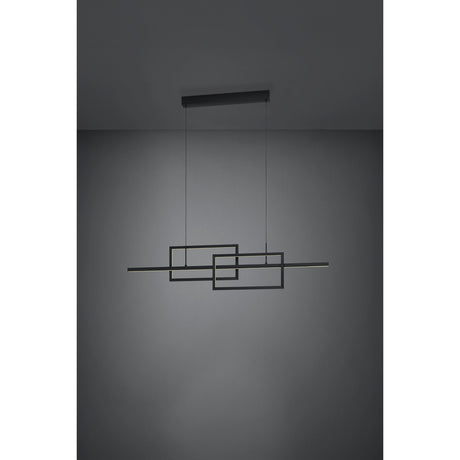 Puebla Pendant Light in black, a linear LED fixture with two overlapping rectangular frames on a slim horizontal bar, suspended from a rectangular ceiling canopy against a plain grey background.