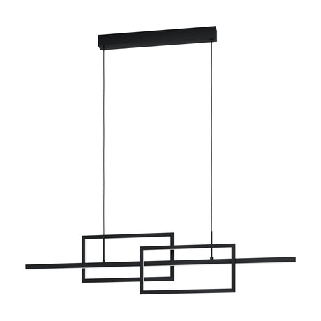 Black Puebla Pendant Light with two overlapping rectangular steel frames on a slim bar, suspended by two fine wires from a rectangular ceiling canopy.