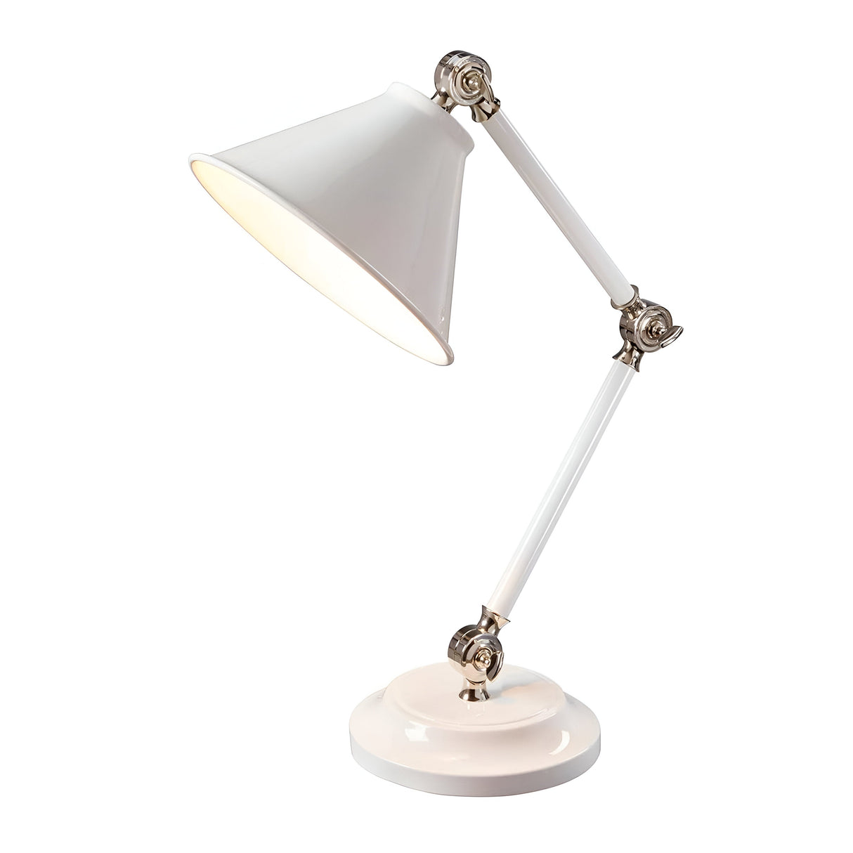 The Provence Element 1 Light Mini Table Lamp features a conical shade and a classic Provence design. This adjustable white lamp is equipped with polished nickel joints atop a round base, all set against a plain white background.