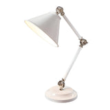 The Provence Element 1 Light Mini Table Lamp features a conical shade and a classic Provence design. This adjustable white lamp is equipped with polished nickel joints atop a round base, all set against a plain white background.