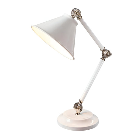 The Provence Element 1 Light Mini Table Lamp features a conical shade and a classic Provence design. This adjustable white lamp is equipped with polished nickel joints atop a round base, all set against a plain white background.