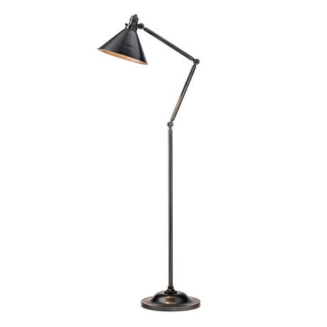 The Provence 1 Light Floor Lamp in Old Bronze features a sleek and modern minimalist design with adjustable knuckle joints and a cone-shaped shade, standing on a round base. Its vintage-inspired style is perfect for reading or providing ambient lighting.