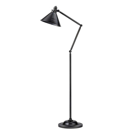 The Provence 1 Light Floor Lamp in Old Bronze showcases a chic, vintage-inspired design with a black conical shade and a round base. It features adjustable knuckle joints for directing light, effortlessly combining modern aesthetics with timeless charm.