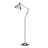 The Provence 1 Light Floor Lamp - Polished Nickel boasts a sleek design characterized by its polished nickel finish, conical shade, and round base. It features three segments with adjustable knuckle joints, allowing for precise customization of height and angle.