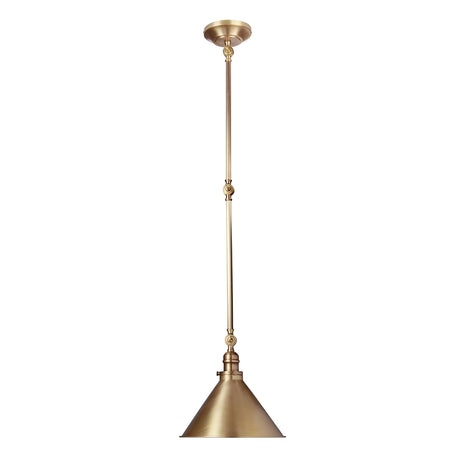 The Provence 1 Light Wall Light/Pendant in aged brass features a conical shade and a long, slender rod for ceiling attachment. Its adjustable lighting provides minimalist elegance with a touch of vintage style.