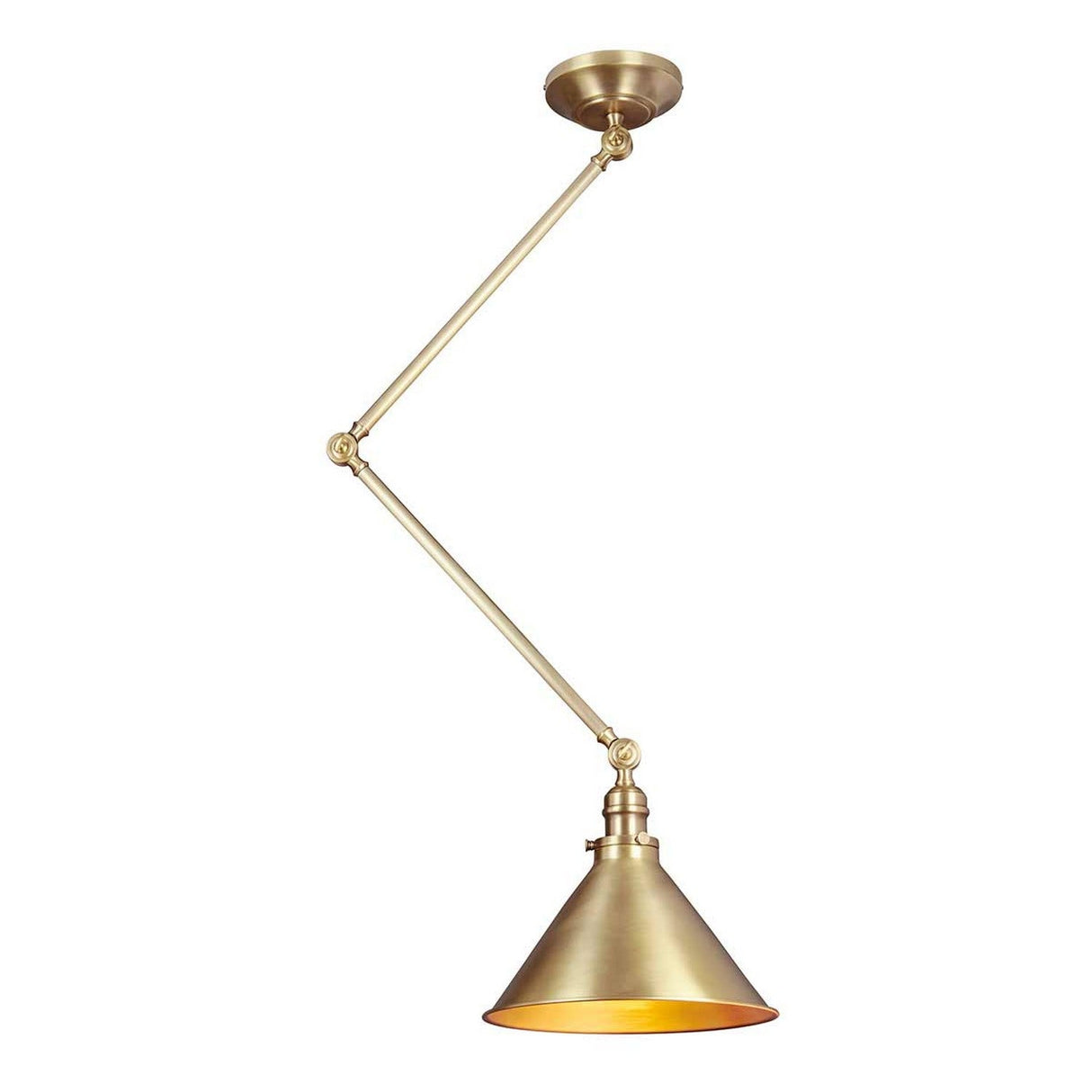 The Provence 1 Light Wall Light/Pendant in an aged brass finish is suspended from the ceiling, showcasing a conical shade. Its geometric design includes two articulated arms, providing vintage charm and allowing for customizable angles and versatile positioning.