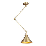 The Provence 1 Light Wall Light/Pendant in an aged brass finish is suspended from the ceiling, showcasing a conical shade. Its geometric design includes two articulated arms, providing vintage charm and allowing for customizable angles and versatile positioning.