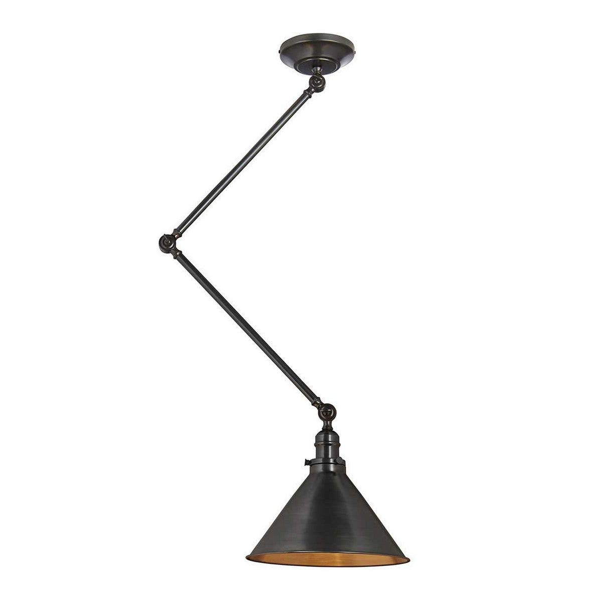 The Provence 1 Light Wall Light/Pendant in Old Bronze is designed with a vintage French flair and industrial touch, featuring a black metal conical shade and adjustable knuckle joints. This piece offers a modern yet timeless lighting solution when hung from the ceiling.