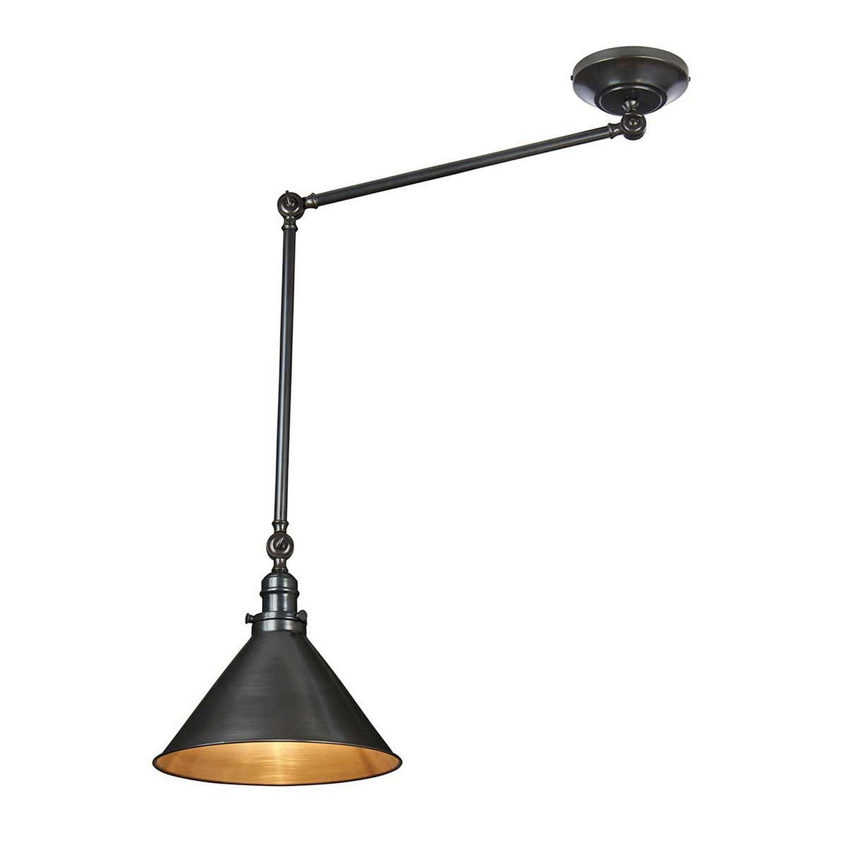 The Provence 1 Light Wall Light/Pendant in Old Bronze features an adjustable knuckle joint and a wide conical shade, embodying a vintage French design with its black industrial-style finish, perfect for ceiling mounting.