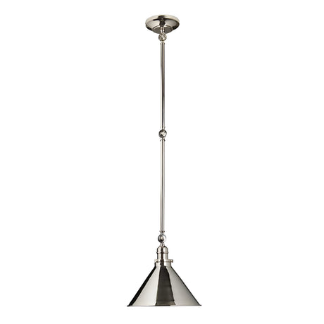 The Provence 1 Light Wall Light/Pendant in polished nickel features a sleek, modern design with a conical shade. It is suspended from a straight rod adorned with two decorative ball accents, making it ideal for contemporary interior design.