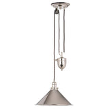 The Provence 1 Light Rise & Fall Pendant - Polished Nickel showcases a polished nickel finish and conical shade, complete with a vintage-style pulley system. This adjustable light fixture features a twisted black cord that connects it to the ceiling.