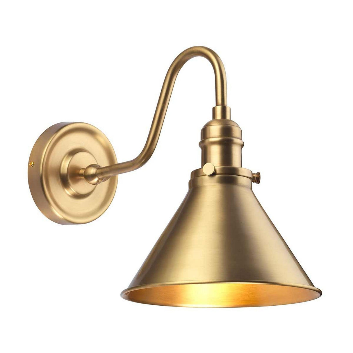 The Provence 1 Light Wall Light in aged brass features a curved arm and conical lampshade, casting a warm glow. Its minimalist and elegant design complements both modern and vintage interiors, making it a timeless choice for a vintage wall light.