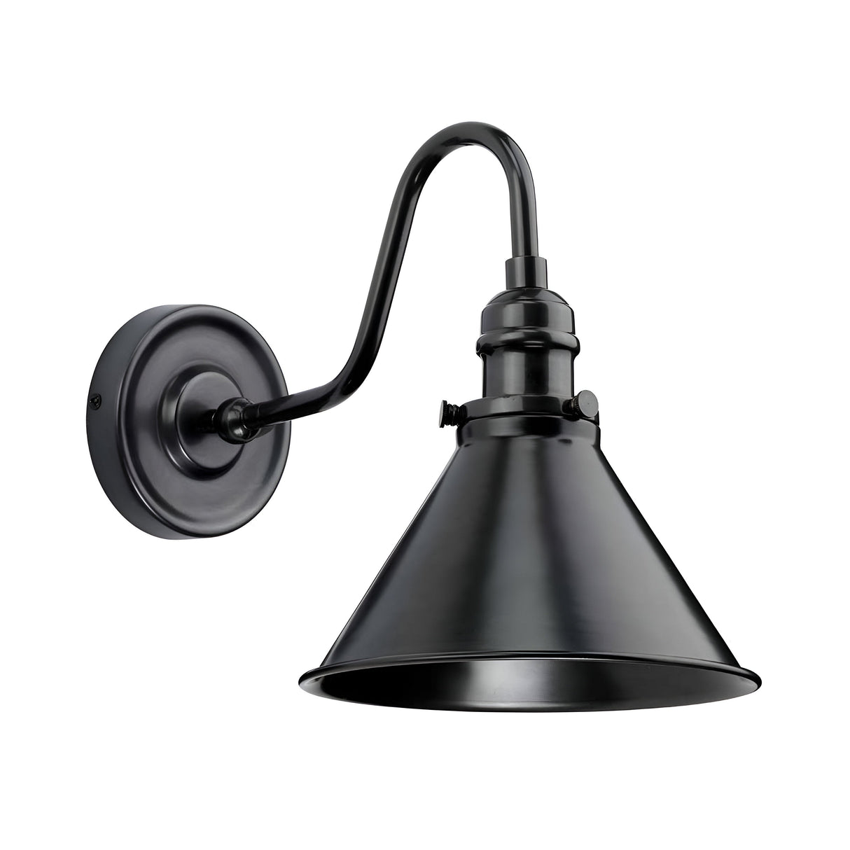 The Provence 1 Light Wall Light in Old Bronze is a sleek and modern black metal wall-mounted sconce with a conical shade and a curved arm, adding a touch of elegance that's perfect for indoor lighting.