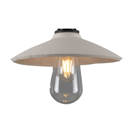 Pyrus Ceramic Pendant Light with wide, shallow matt white striped shade and black fitting, exposed bulb visible beneath, on a plain white background.