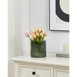 Qichazhen 15cm ribbed glass hurricane lantern in smoky green, holding tulip stems on a cream sideboard beneath framed wall art.