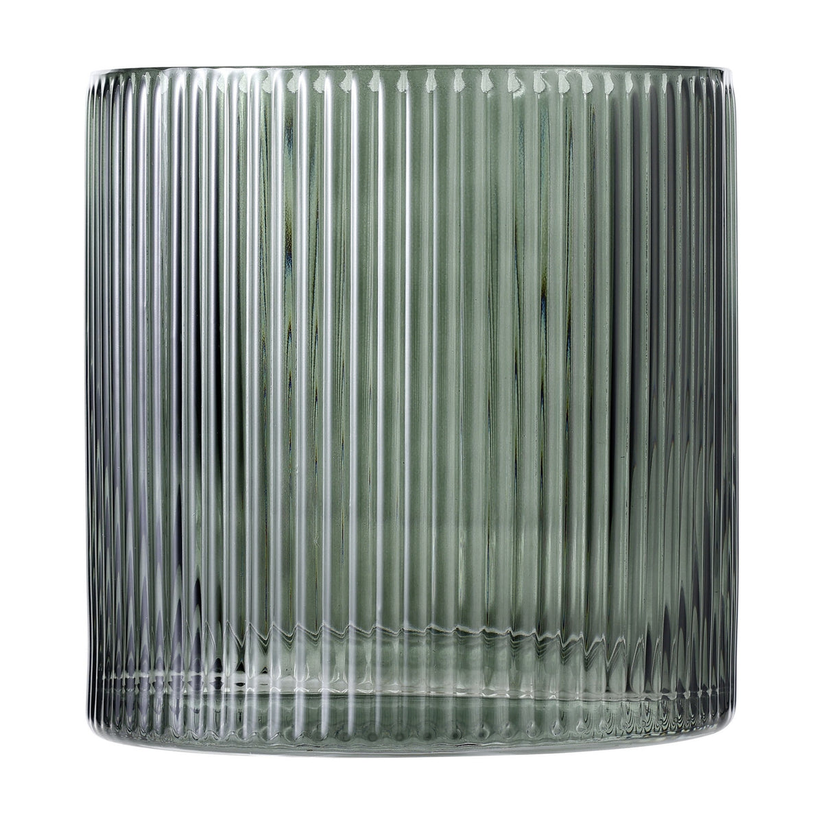 Qichazhen glass hurricane lantern in smoky green, a ribbed cylindrical candle holder with fine vertical flutes, 15cm tall, shown on a plain white background.