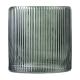Qichazhen glass hurricane lantern in smoky green, a ribbed cylindrical candle holder with fine vertical flutes, 15cm tall, shown on a plain white background.