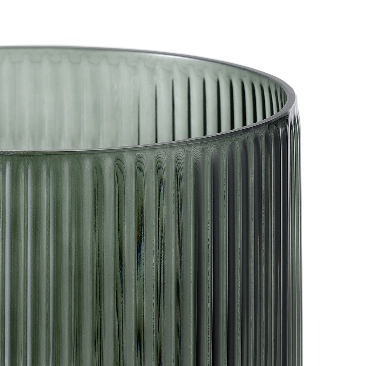 Close-up of the Qichazhen glass hurricane lantern, 15cm, in smoky green with fine vertical fluting from rim to base, shown against a plain white background.
