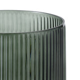 Close-up of the Qichazhen glass hurricane lantern, 15cm, in smoky green with fine vertical fluting from rim to base, shown against a plain white background.