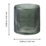 Qichazhen glass hurricane lantern in smoky green, a ribbed cylindrical candle holder with vertical flutes, 15cm tall and wide, shown with dimension markers on a white background.