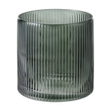 Qichazhen glass hurricane lantern, 15cm cylindrical shape with fine vertical ribbing, tinted smoky green glass, shown on a plain white background.