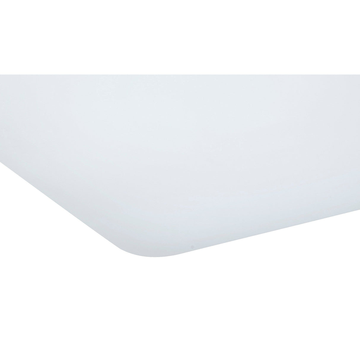 Close-up of the rounded corner on the Mantra Quatro II 60W LED flush ceiling light, showing the matt white acrylic diffuser against a plain background.
