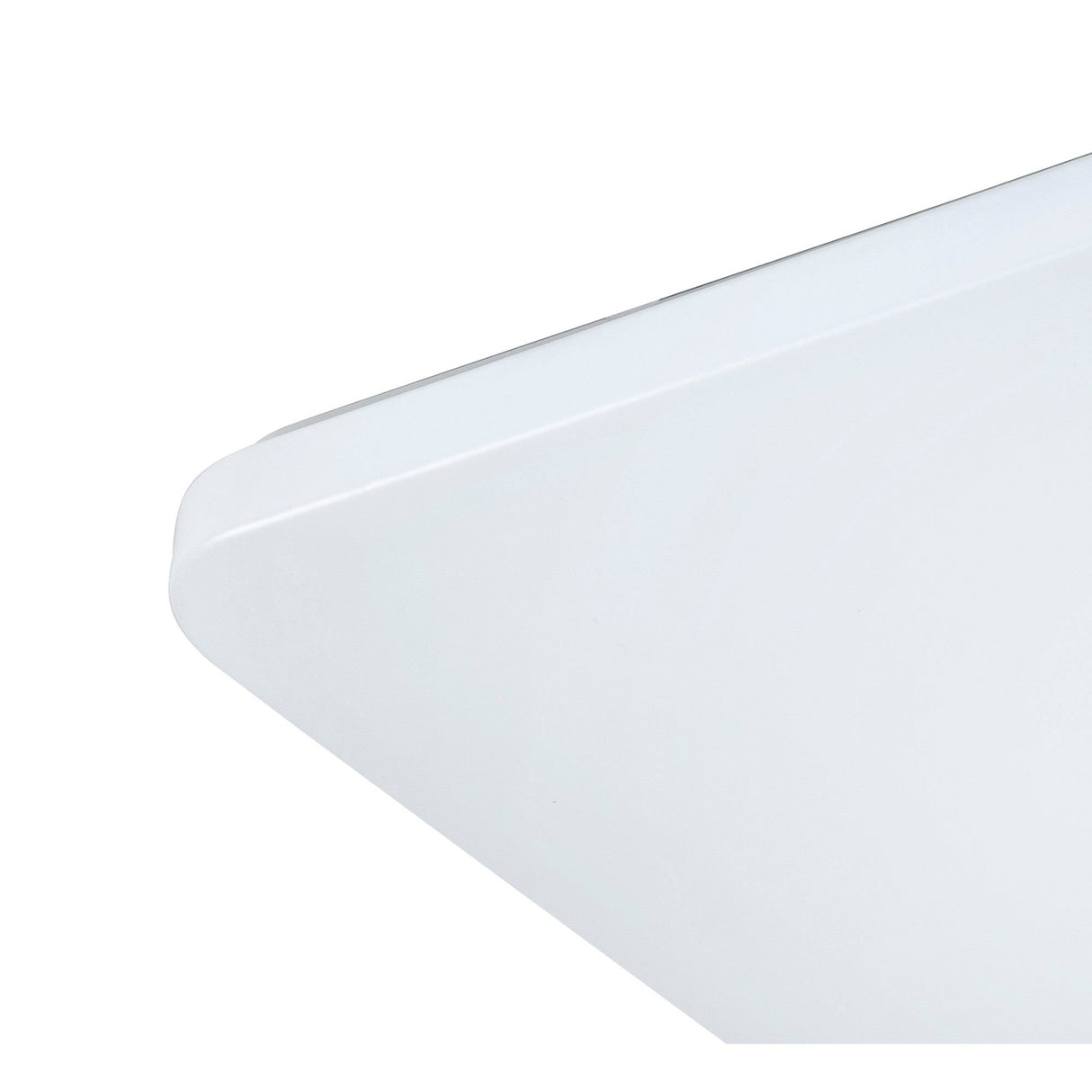 Close-up of the corner of Mantra Quatro II 60W LED flush ceiling light showing the matt white acrylic diffuser and chamfered edge profile.