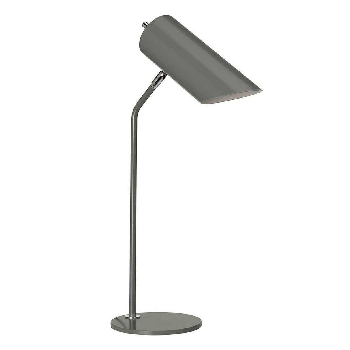 Introducing the Quinto 1 Light Table Lamp in Dark Grey and Polished Nickel, featuring a modern design with an adjustable head and cylindrical shade. It boasts a sleek, curved neck mounted on a round base, making it the perfect minimalist addition to industrial-style interiors.