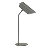 Introducing the Quinto 1 Light Table Lamp in Dark Grey and Polished Nickel, featuring a modern design with an adjustable head and cylindrical shade. It boasts a sleek, curved neck mounted on a round base, making it the perfect minimalist addition to industrial-style interiors.