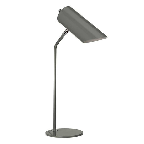 Introducing the Quinto 1 Light Table Lamp in Dark Grey and Polished Nickel, featuring a modern design with an adjustable head and cylindrical shade. It boasts a sleek, curved neck mounted on a round base, making it the perfect minimalist addition to industrial-style interiors.
