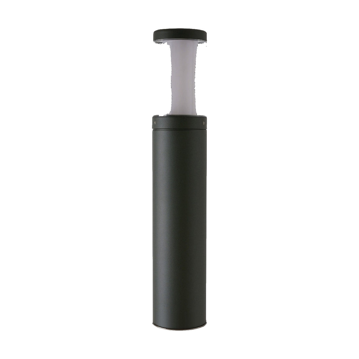 Quoin Stainless Steel Outdoor Bollard Light in Graphite, 100cm, with a cylindrical body, frosted diffuser, and clear polycarbonate lens, shown on a plain white background.
