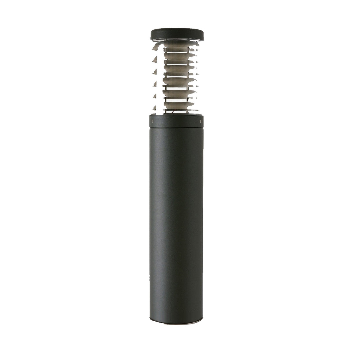 Quoin 75cm outdoor louvred bollard light in graphite stainless steel and aluminium, with a cylindrical base, ribbed lantern head and clear polycarbonate lens, shown on a plain white background.