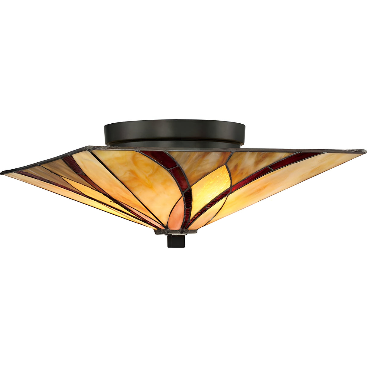 Introducing the Asheville 2 Light Tiffany Flush in Valiant Bronze, showcasing a stained glass design with shades of yellow, amber, and red. The glass panels create a geometric pattern within a black metal frame, featuring a square base and low-profile mount.
