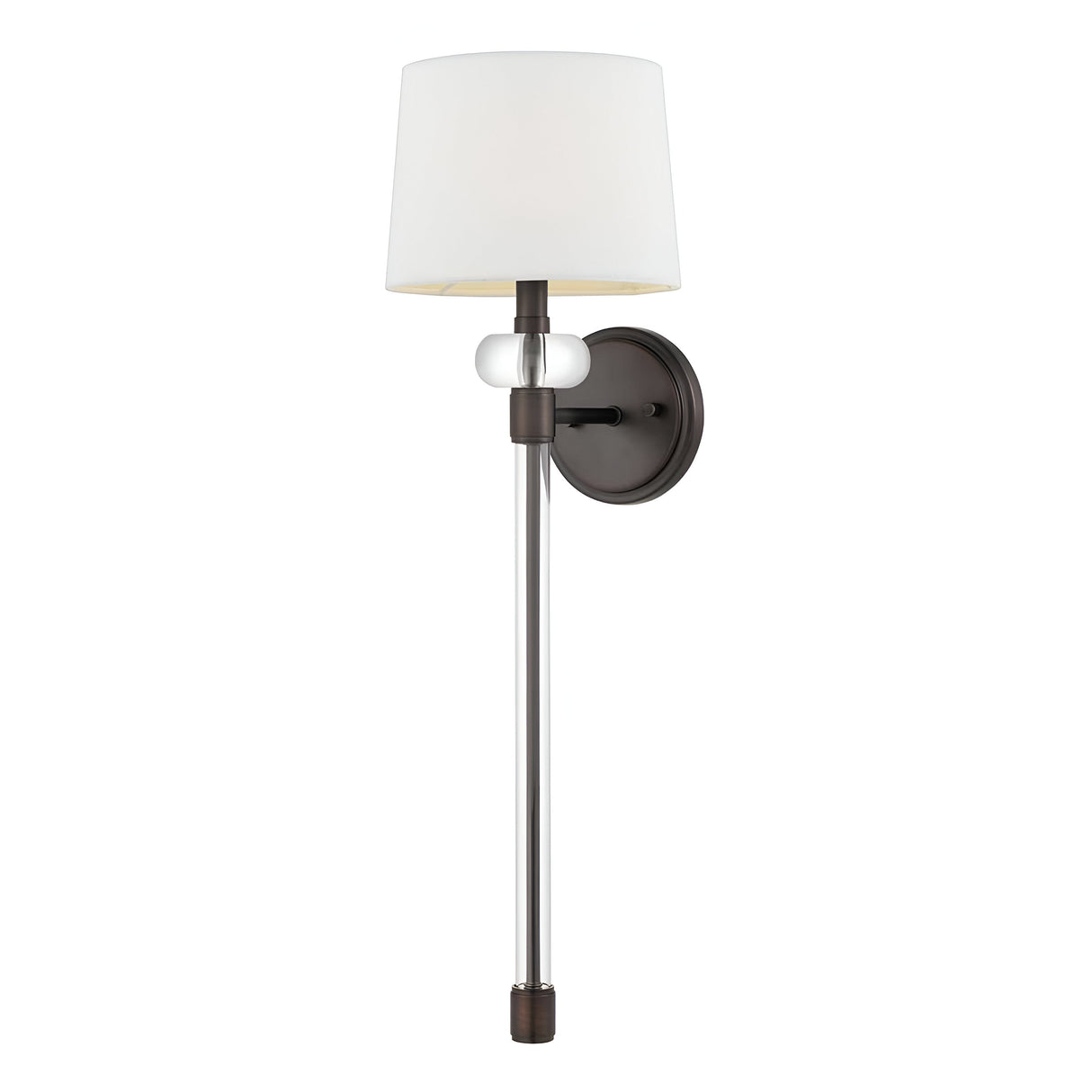 The Barbour 1 Light Wall Light in bronze boasts a contemporary design with a Harbor Bronze circular base and an elongated metal arm, complete with a frosted glass component and white fabric shade. It seamlessly combines sleek modern style with classic design elements for sophisticated illumination.