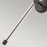 Close-up of the Barbour 1 Light Wall Light - Bronze, showcasing its modern design with a metallic extendable rod. It features a Harbor Bronze circular mount with a silver rod and darker tip, set against a light gray background, capturing sleek modern aesthetics.