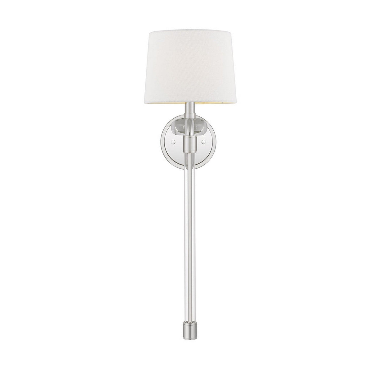 The Barbour 1 Light Wall Light in polished nickel features a contemporary design with a long, sleek metallic arm and a round backplate. This wall-mounted sconce is complemented by a simple, cylindrical white lampshade, providing elegant ambient light and serving as an ideal minimalist lighting solution for modern decor.