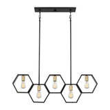 The Bismarck 5 Light Linear Pendant - Black embodies modern sophistication, featuring a sleek black rectangular ceiling mount accompanied by three hexagonal frames. Ideal for kitchen islands, each frame showcases an exposed bulb that accentuates its minimalist and industrial design.