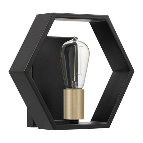 The Bismarck 1 Light Wall Light in black showcases a modern and industrial design with its hexagonal shape, exposed Edison bulb housed in a brass socket. Its geometric profile and open-frame structure are complemented by subtle gold accents.