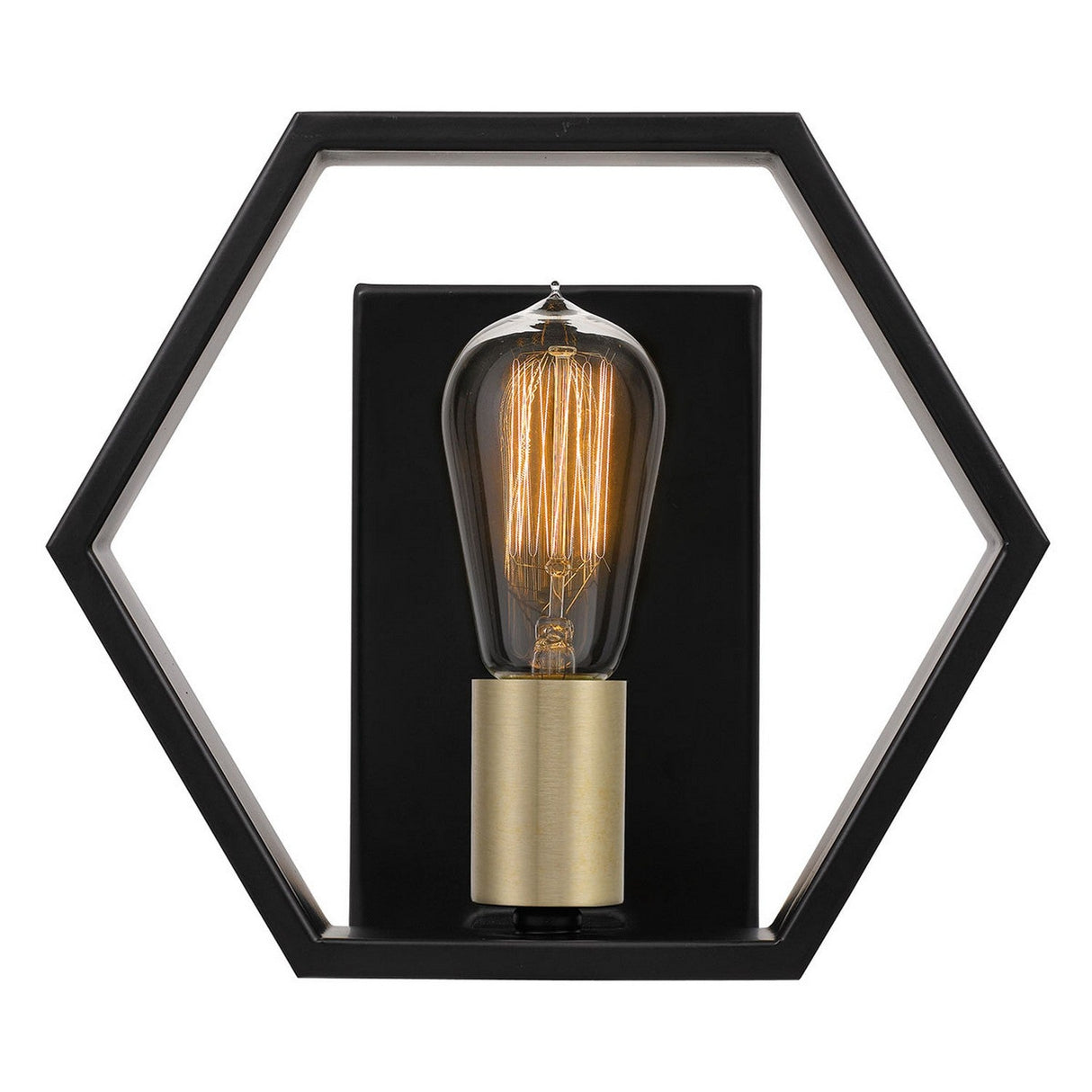 The Bismarck 1 Light Wall Light in black showcases a modern hexagonal frame, complemented by a vintage-style exposed filament bulb in a brass socket, providing a subtle gold accent against its rectangular black backing. The design masterfully combines industrial and geometric elements.