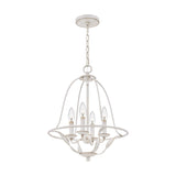 The Bradbury 4 Light Chandelier in antique white boasts a vintage-style design with a bell-shaped metal frame and elegant curves. It features a four-light setup with candle-like bulbs, hanging gracefully from a chain link to showcase its classic charm.