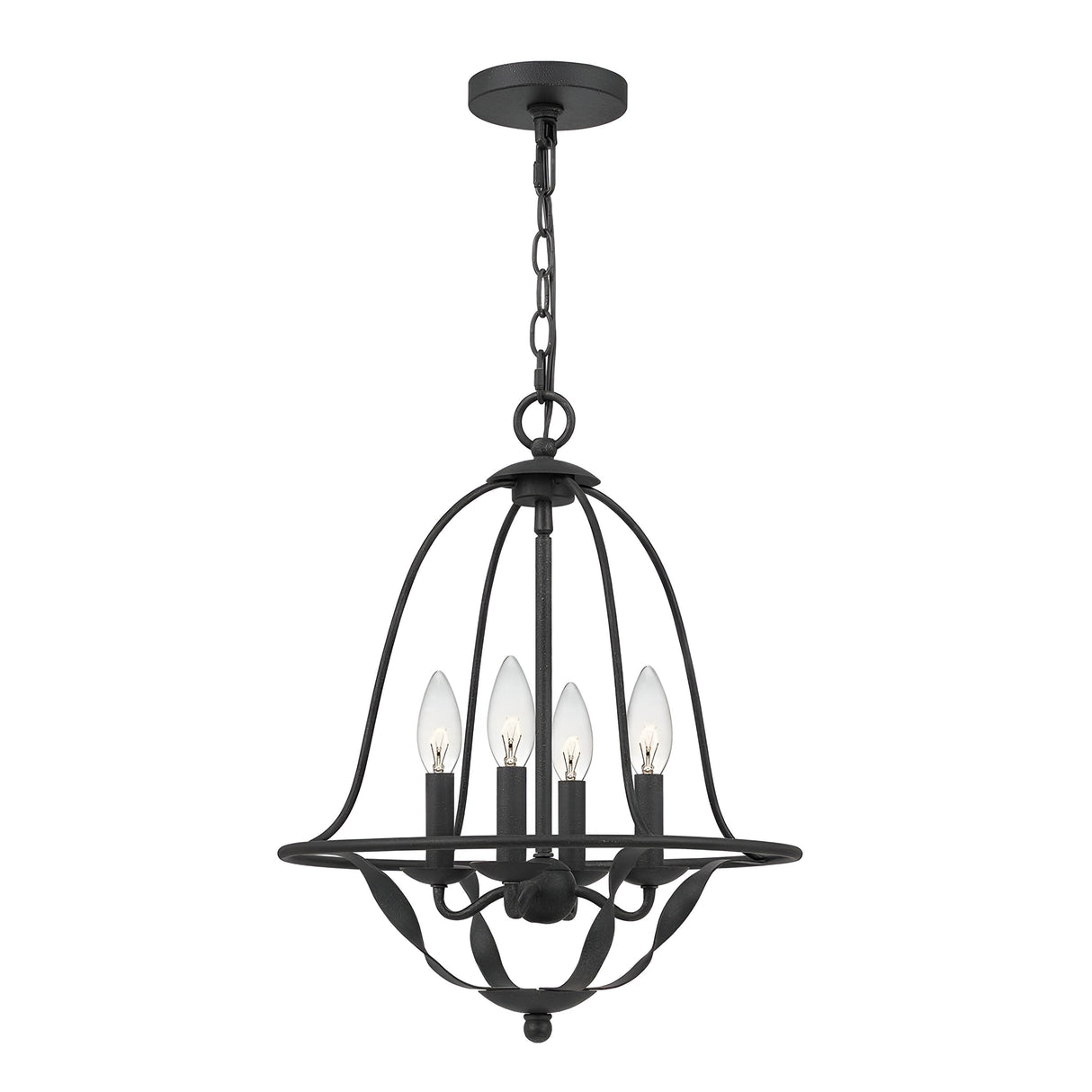 The Bradbury 4 Light Chandelier in Grey Ash is a black metal fixture featuring four candle-shaped light bulbs. It showcases a versatile design with a curved, open cage and hangs elegantly from a chain, creating modern aesthetics with its evenly spaced lights around a central stem.