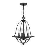The Bradbury 4 Light Chandelier in Grey Ash is a black metal fixture featuring four candle-shaped light bulbs. It showcases a versatile design with a curved, open cage and hangs elegantly from a chain, creating modern aesthetics with its evenly spaced lights around a central stem.