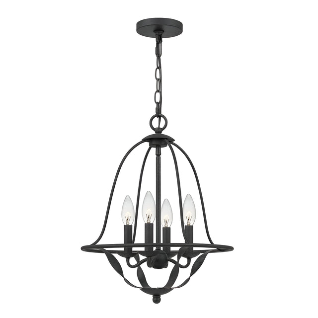 The Bradbury 4 Light Chandelier in Grey Ash is a black metal fixture featuring four candle-shaped light bulbs. It showcases a versatile design with a curved, open cage and hangs elegantly from a chain, creating modern aesthetics with its evenly spaced lights around a central stem.
