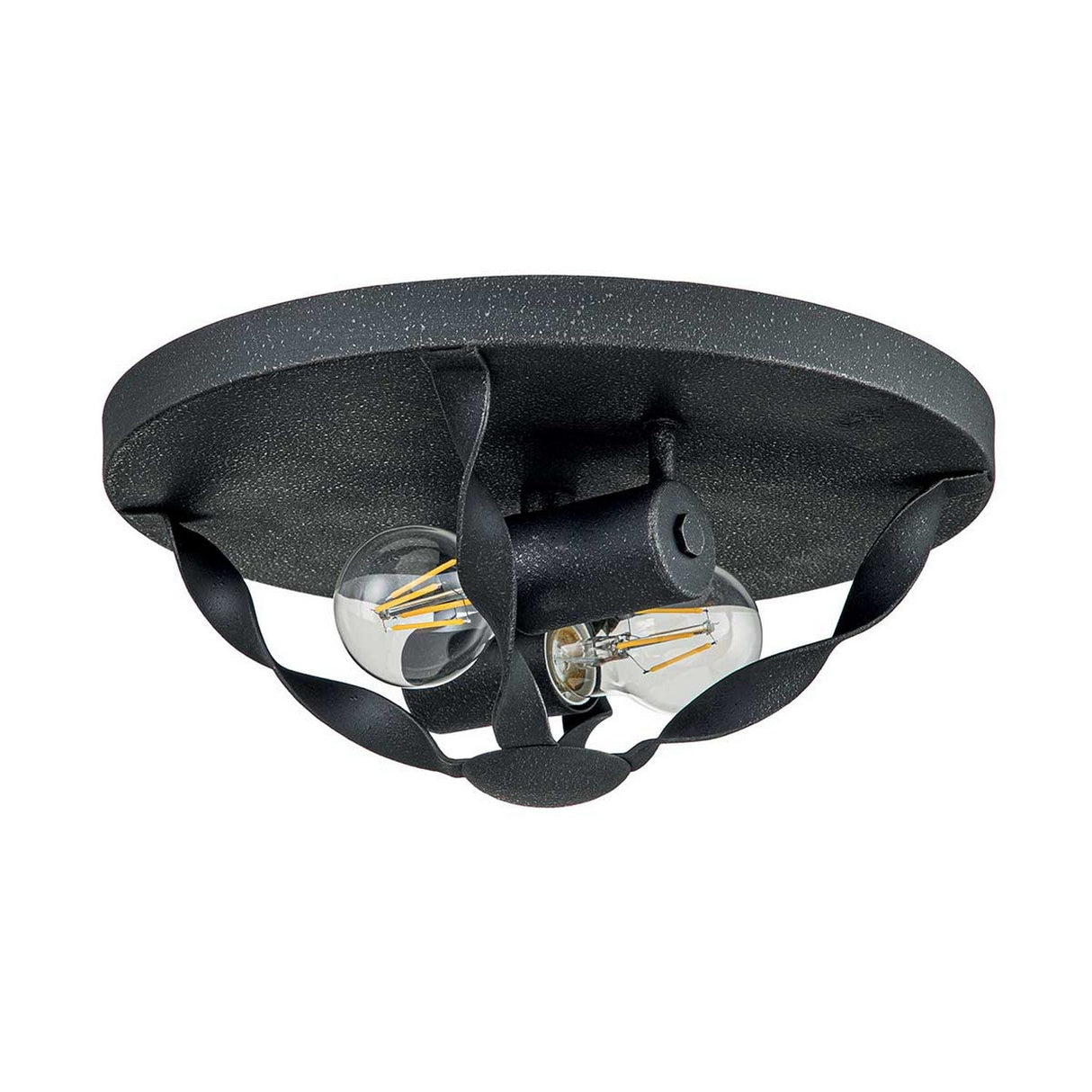 The Bradbury 2 Light Flush in Grey Ash is a stylish and contemporary ceiling light fixture featuring a round design with two exposed bulbs, accented by twisted metal ribbons for added flair.